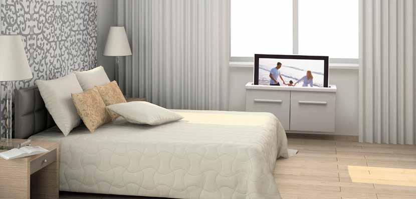 Bedroom TV lift Bed-end TV lift The bedroom tv lift application is very similar to the living room tv lift. By one touch of the remote you can control the up / down operation from your bed.