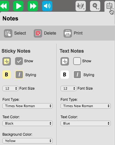 the Notes menu, choose the + button under either Text Note or Sticky Note Click on the screen to add the note and begin typing To move a Note hold the