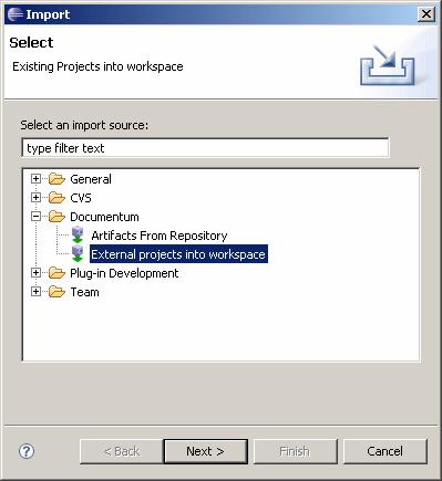 Managing Projects The Import wizard appears. 2. Expand the Documentum folder, select Existing projects into workspace, then click Next. The Import Projects dialog appears. 3.