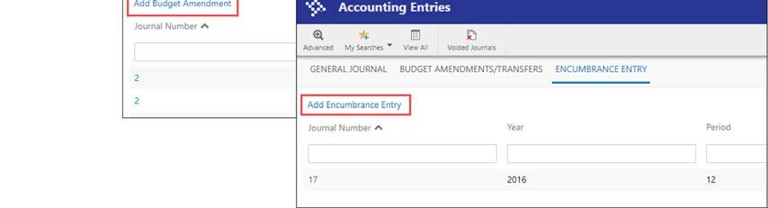 The Accounting Entries screen is divided into three tabs: General Journal, Budget Amendments/Transfers, and Encumbrance Entry.