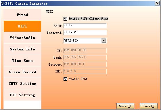 If the user selected WIFI connection, In WIFI settings, select enable WIFI, input the SSID of the wireless router, the WiFi password, enable the DHCP, and click ok the camera can be adaptive with