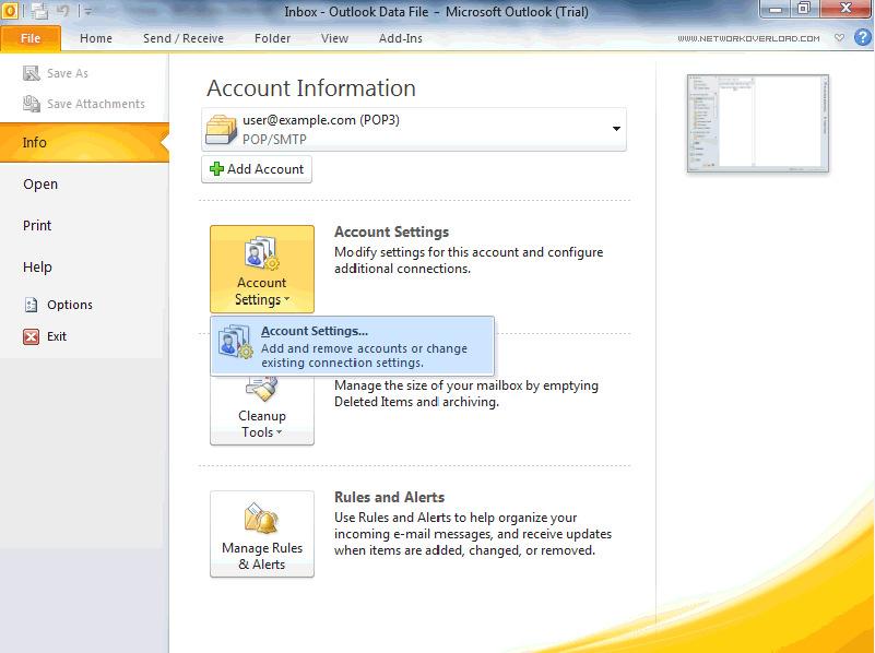 Editing an existing account: First click File Then select the email address that you are setting up Click