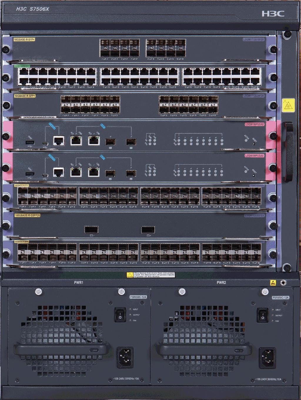 Convergence of MPLS, VPN, and multiple services MP-BGP based EVPN solution The switch series includes S7503X, S7506X and S7510X, meeting the need of different port density and performance
