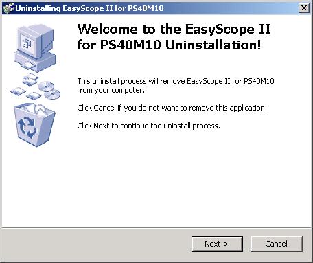 Appendix 58 4.2 Uninstalling EasyScope II From the Start -> Programs -> EasyScope II for PS40M10 menu on the Windows Toolbar, select the Uninstall EasyScope for PS40M10 Option and click on it.