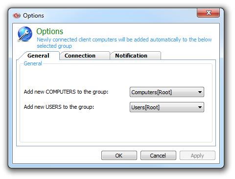 2.9 Options Details of the Console port and newly connected client management are available on the CurrentWare Console under Tools > Options General Add new Computers to the group: define the group