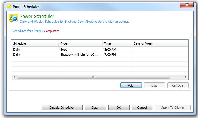 4.2 Power Scheduler With the power scheduler, the administrator can define the time that the computers on the network will automatically shut down or boot up.