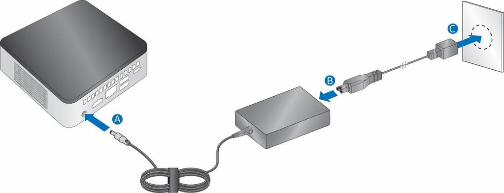 Connect Power Each Intel NUC model includes either a region-specific AC power cord or no AC power cord (only the power adapter).