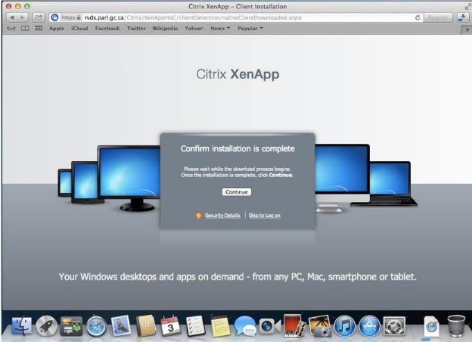 The installation page will pause while the Citrix Receiver program downloads. 5.
