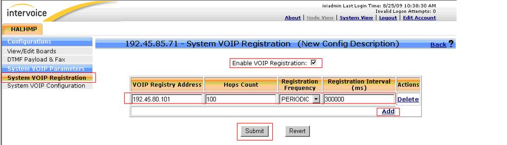 On the System VOIP Registration page, select the Enable VOIP registration check
