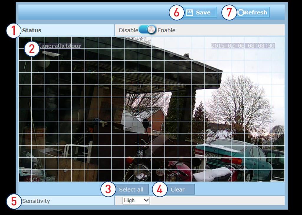 4.3.1 Motion Detection Set the camera to trigger alarm by movement in the picture. Enable/disable motion detection. Activate the whole picture to detect motion.