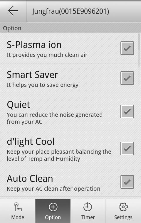 Operating Smart A/C application Setting additional functions of the air conditioner ffyou can control the additional