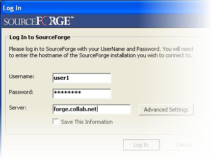 How to use TeamForge 7.1 40 The Log In window appears. 2. Enter the username and password for your CollabNet TeamForge installation. 3.