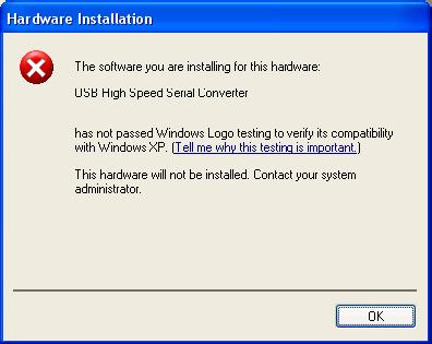 5.3. Windows XP Windows XP displays an error and then terminates installation If the following screen is displayed with this message, Windows XP has been configured to block the installation of any