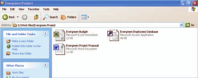 Budget Evergreen Employees Database FIGURE B-8: Evergreen Project folder shown in My Computer Tasks related to selected object appear here FIGURE B-9: Evergreen