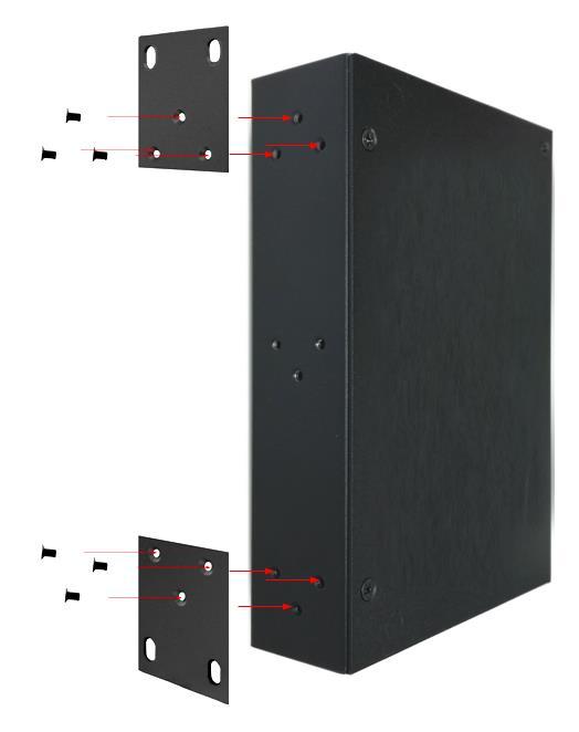 Place the wall-mount plates on the rear panel of the industrial switch. 3.