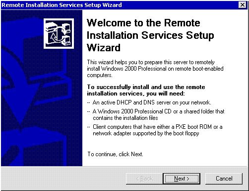 Creating the SIS Common Store directory and related files that are needed for SIS to be operational on this volume. After Risetup.exe is started, a number of dialog boxes are displayed.