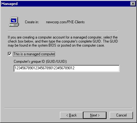 In following dialog box, you must type the GUID of the computer (if RIS is not installed, this dialog box is not displayed).