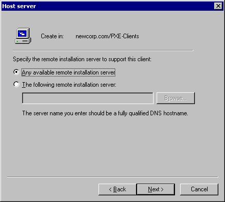 In the following dialog box, you can specify the particular RIS server you want to support the client.