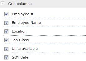 In the Grid Columns section of the Web Part Settings pane, use the check boxes to determine the accrual details that display in the web part.