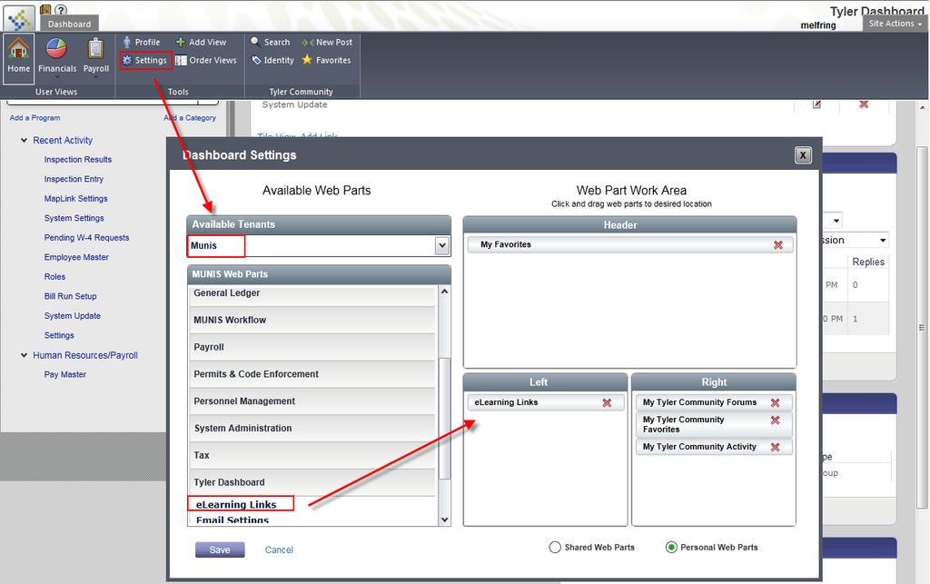 Once you have created the link to the Munis Knowledgebase, use the Settings button in the Tools group of