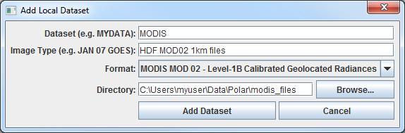 Page 2 of 11 Loading Polar Satellite Images and Loops 1. Create a local dataset to access the imagery files on your local machine. a. In the Main Display window of McIDAS-V, select Tools -> Manage ADDE Datasets.