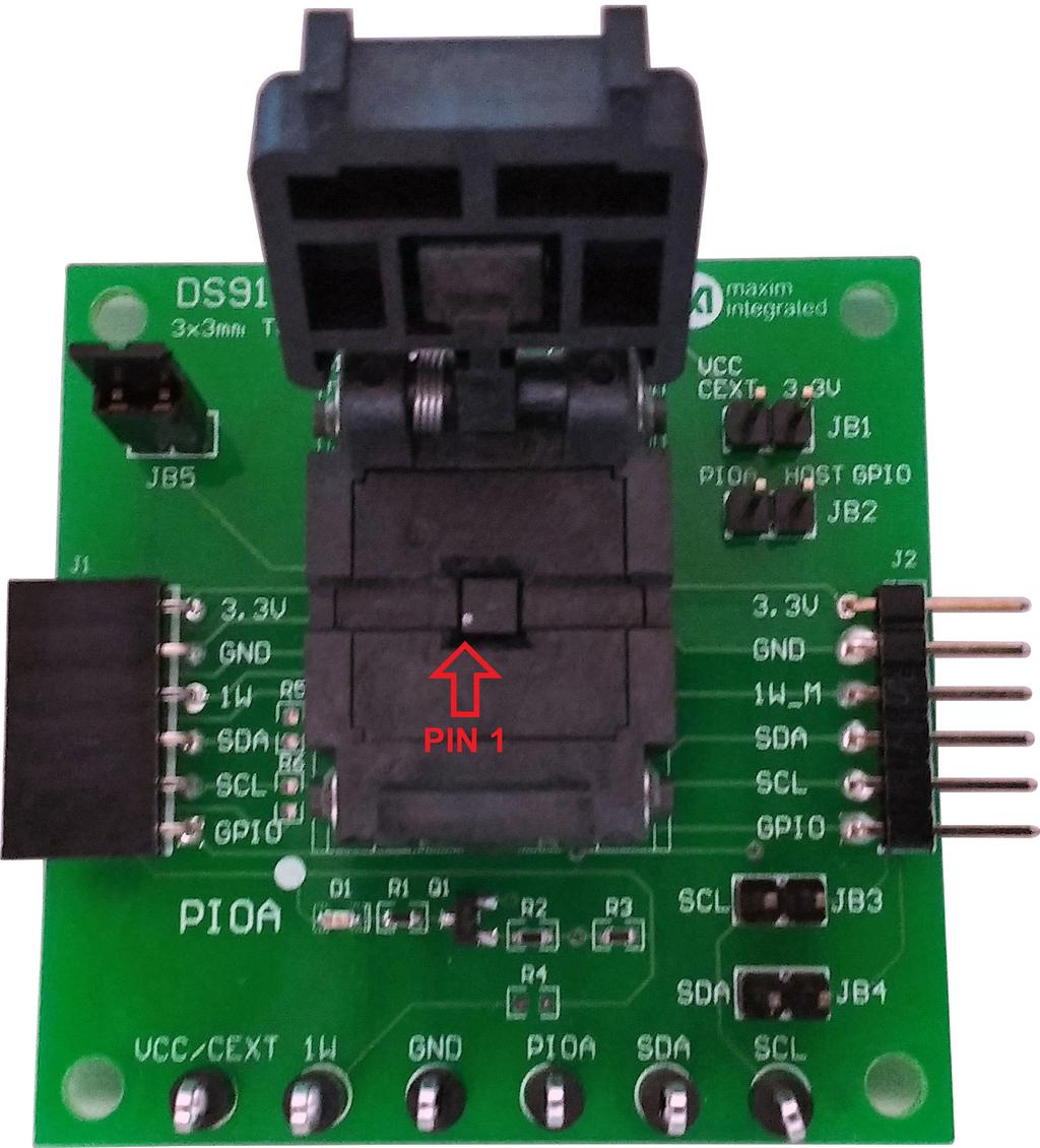 8) Plug the DS9481P-300# into the PC with the DS9121BQ+ socket board by doing the following: a) Open the socket and insert a DS28E50 into the cavity, per the same orientation shown in Figure 8.