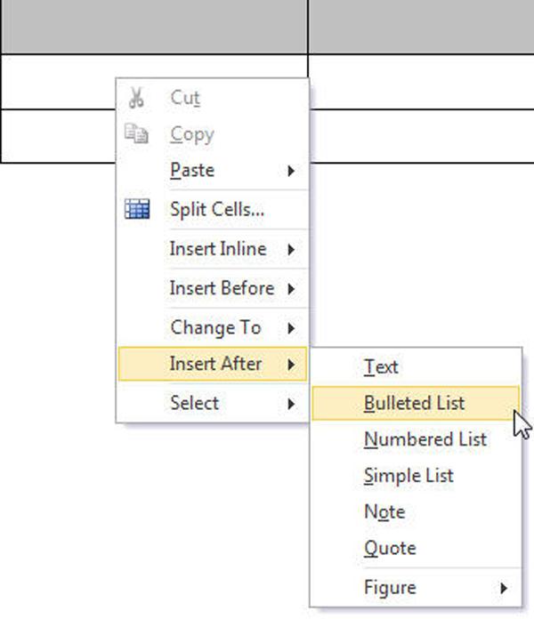 Inserting elements in a table cell If you want a paragraph at the beginning of the table cell, enter the text in the text