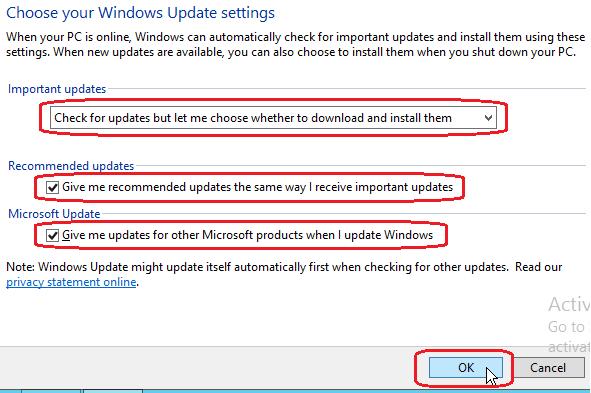 35. In Windows Update Change Settings menu set as illustrated below or as desired then click OK: 36.