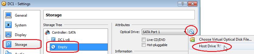Storage Tree select the optical disk Empty, in Attributes click the optical