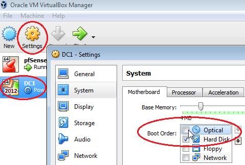 a. In the Oracle VM VirtualBox Manager go to the DC1 Settings