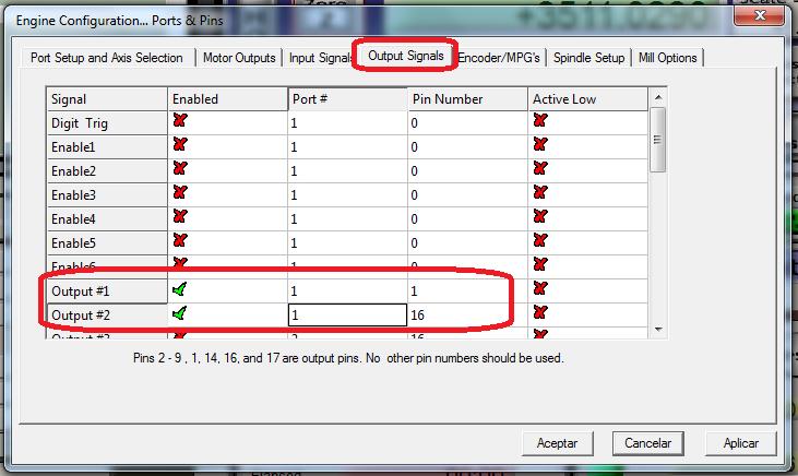 2. Go to Config/ Output Signal/ Enable the output #1 and output #2, select port 1 and pin