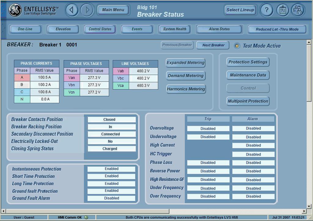 Figure 1-2 HMI screen showing circuit breaker in Test Mode The HMI will indicate that the unit is