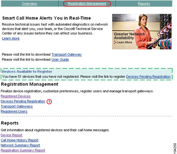 Chapter 3 Registration Management Processes Step 1 Launch Smart Call Home; the Smart Call Home Overview page appears.