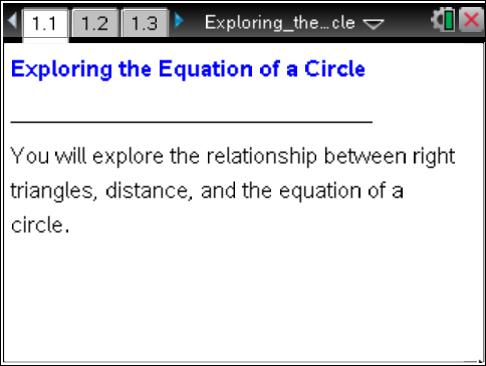 Eploring the Equation of a Circle Name Student Activit Class Open the TI-Nspire document Eploring_the_Equation_of_a_Circle.tns.