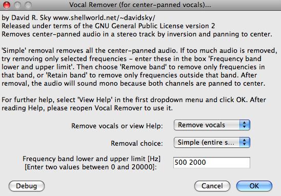 Remove vocals from a song Step- by- step Import the song by going to File > Import > Audio Locate the song and click OK Go to Effect > Vocal Remover (for centre- panned vocals) Leave the settings as