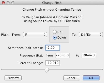 Change the key (change pitch) Step- by- step Import the song into Audacity Go to Effect > Change pitch Do just one of the following: o Choose whether you d like to transpose Up or Down and then