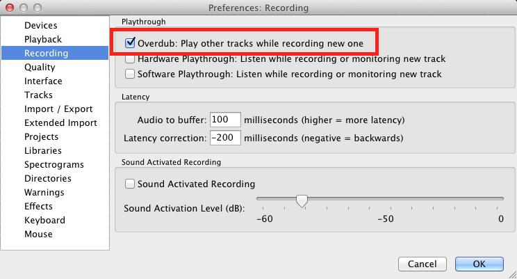 This will also stop the backing track playing out of your in- built computer speakers, preventing Audacity from re- recording the backing track at the same
