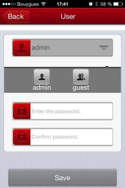 Guest password setting: Click on the first line and select guest mode. Enter the wanted password. Confirm the password and save.
