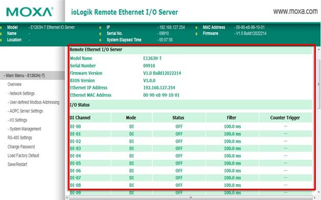 Using the Web Console Overview The Overview page contains basic information about the iologik E1200H, including the model name, serial number, firmware version,