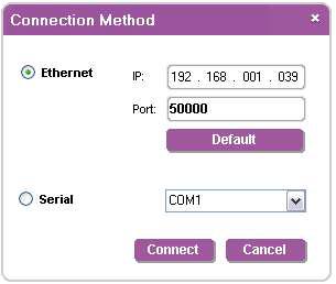 8.1.4 Connecting to the Device Operating the VP-81SID Remotely To connect to the device: 1. Click the Connect button. The Connection Method window is displayed as shown in Figure 13.