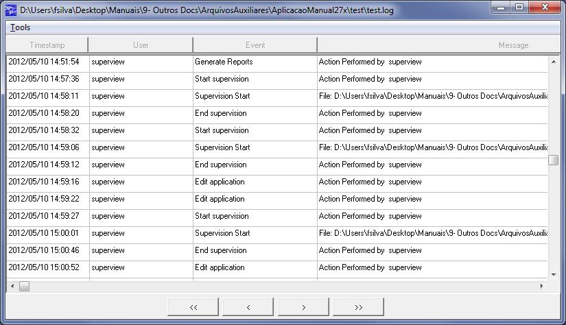 Logs Visualizer properties: TimeStamp: Date and time when the action occurred; User: The name of the user who is running the application; Event: action occurred during the application running.