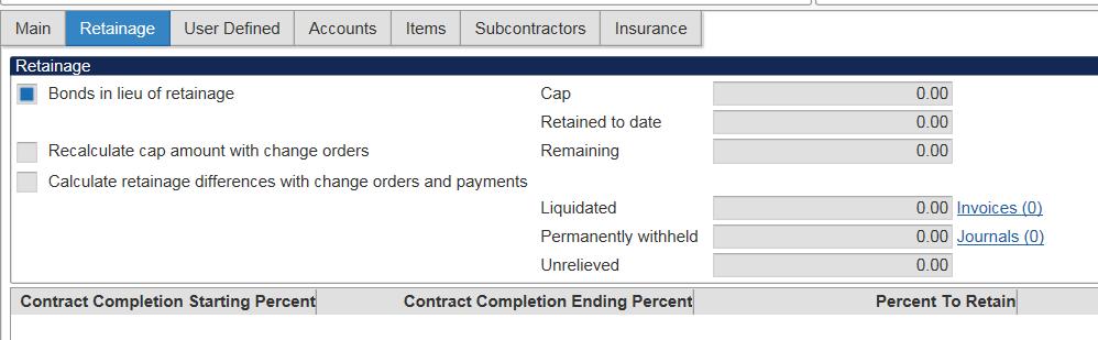 8. If RETAINAGE pertains to your contract, complete the following fields on the Retainage tab: The Retainage tab contains the retainage settings for the contract.
