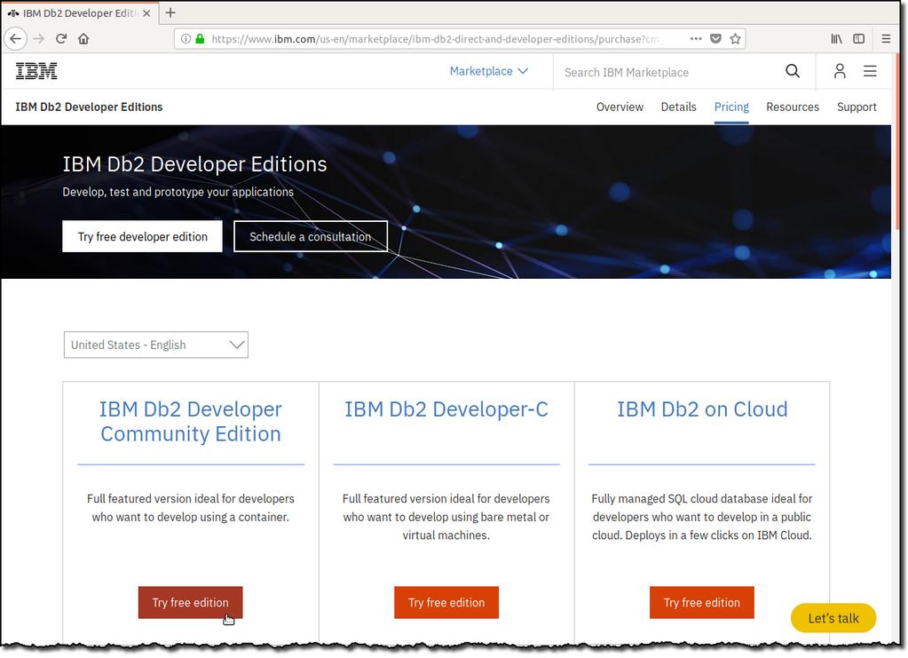 2. Click the Try free developer edition button. This will open the IBM Db2 Developer Editions download page (see Figure 2)