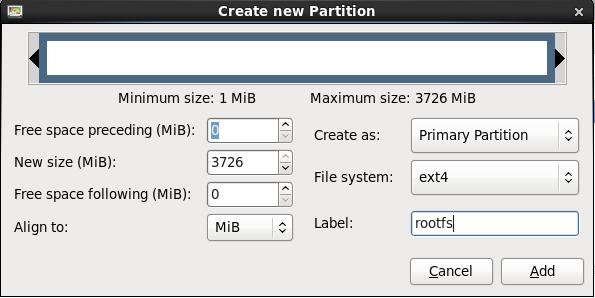 18. In the Create New Partition window, enter the parameters shown below and click the Add button. The operation will queue up in the lower window in GParted.