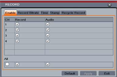 Fig 5-10 Record Configuration-Record Parameter Record Audio Meaning To enable/disable recording for the channel To enable/disable audio recording for the channel Step 3: Select All to setup the same