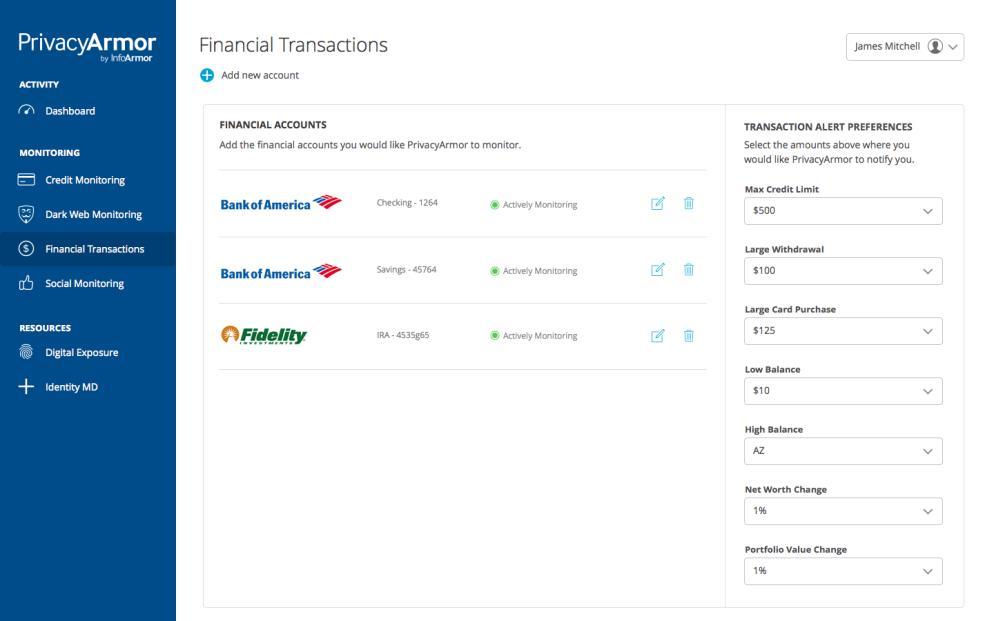 FINANCIAL TRANSACTIONS Add financial account information for accounts you would like
