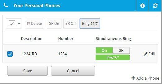 Phones Bulk Modify Your Personal Phones Task To set simultaneous ring on or off for one or more phones Steps Click SR On if you want the selected phones to have simultaneous ring set to On.