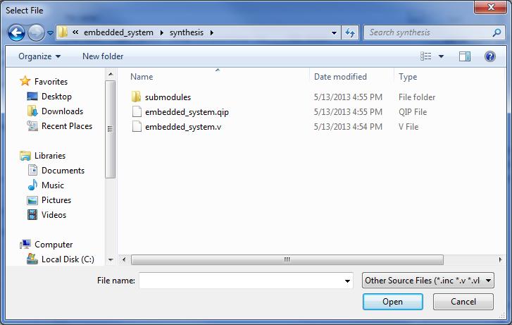 Close the Qsys tool to return to the main Quatus II window. Next, select the command Add/Remove Files in Project in the Project menu, and then browse on the... button to open the window in Figure 28.