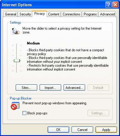 Appendix B Pop-up Windows, JavaScript and Java Permissions Figure 46 Internet Options: Privacy 3 Click Apply to save this setting.