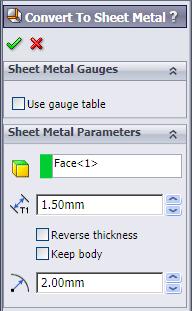 8. click OK. Fig. 8 F. Convert to Sheet Metal. Step 1. Click Trimetric on the Standard Views toolbar. Fig. 9 Direction arrow Step 2.